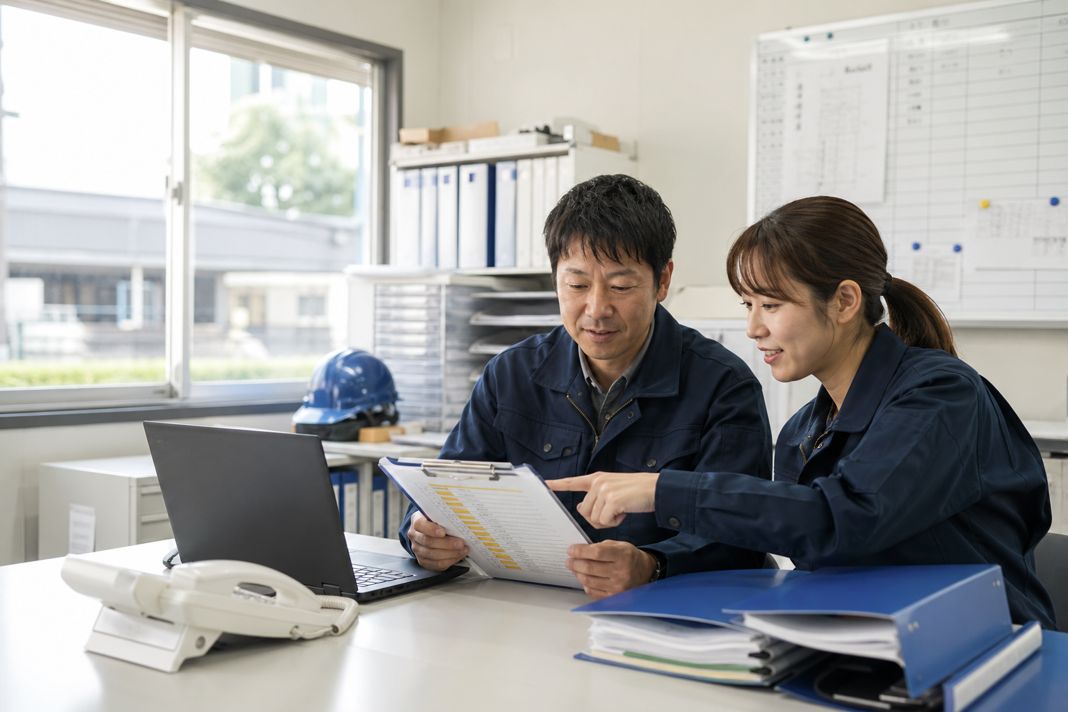 建設会社で案件情報の引き継ぎを確認するスタッフ
