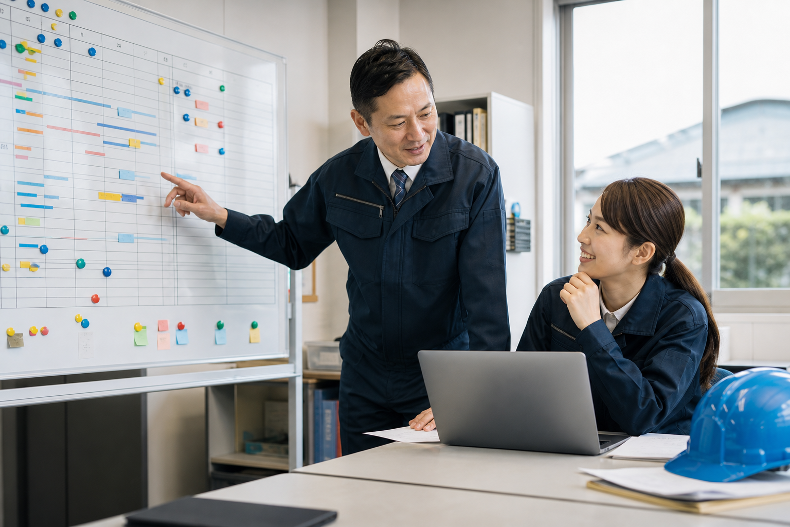 建設会社でホワイトボードとパソコンの案件予定を確認するスタッフ