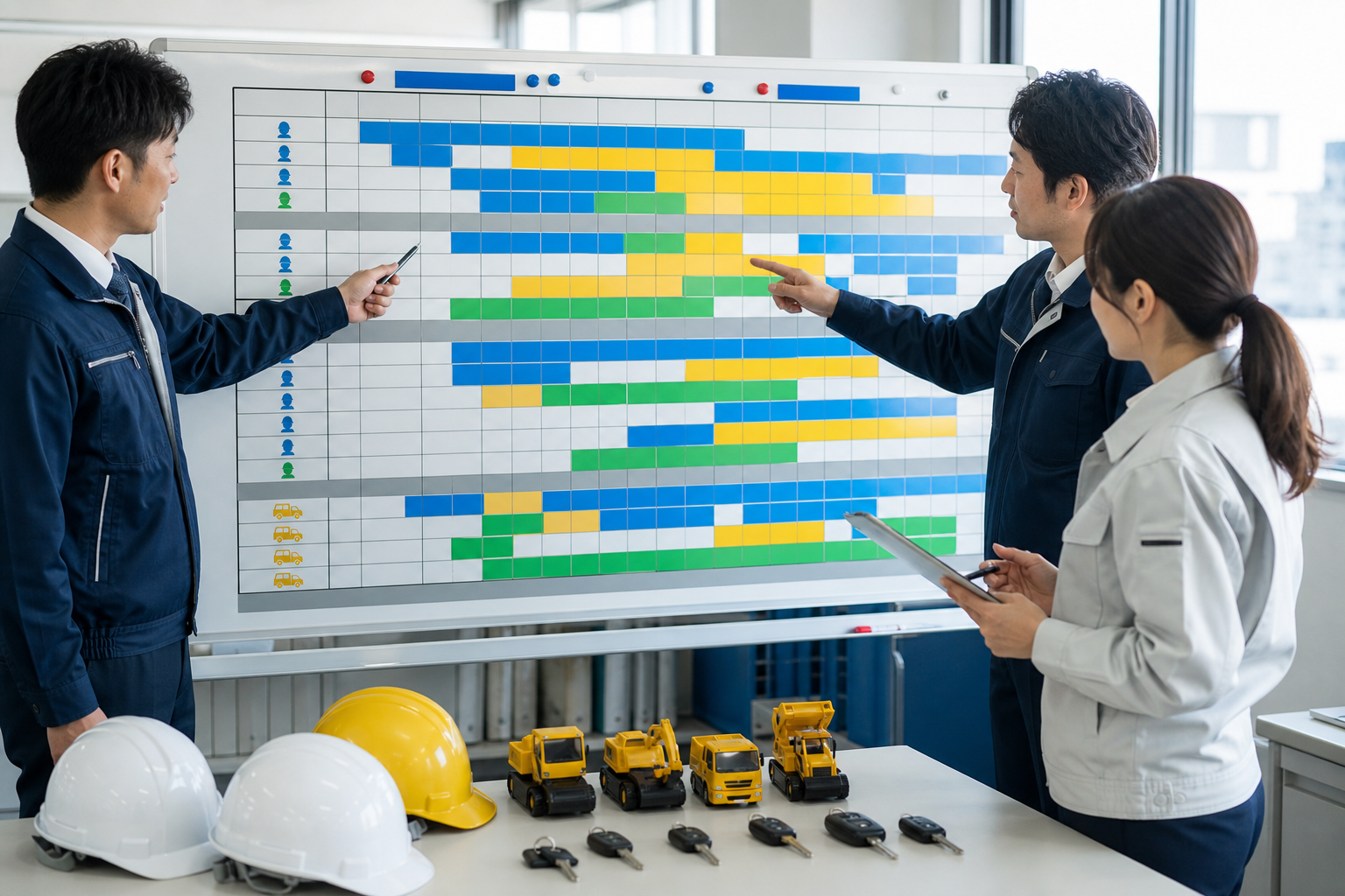 建設会社で職人と車両の配置予定を確認するスタッフ