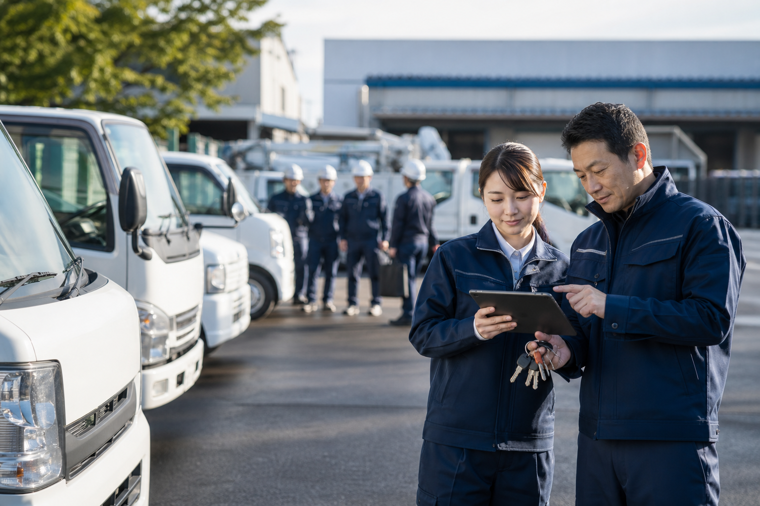 建設会社で作業車両と人員の配車予定を確認するスタッフ