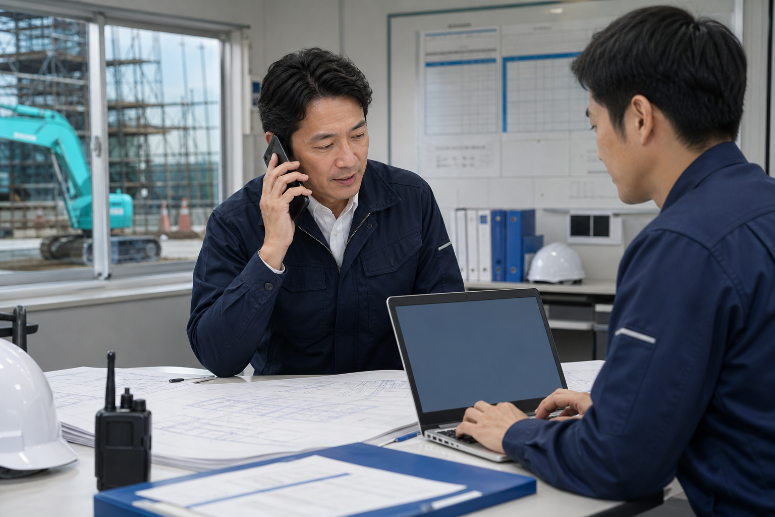 建設現場からの電話連絡を案件情報へ記録するスタッフ
