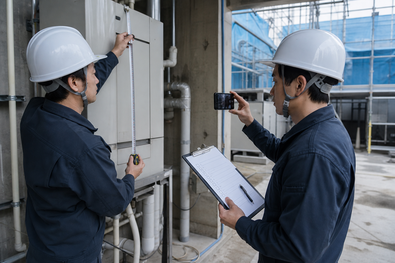 建設現場で設備を測定し見積もり用の写真と項目を確認する担当者
