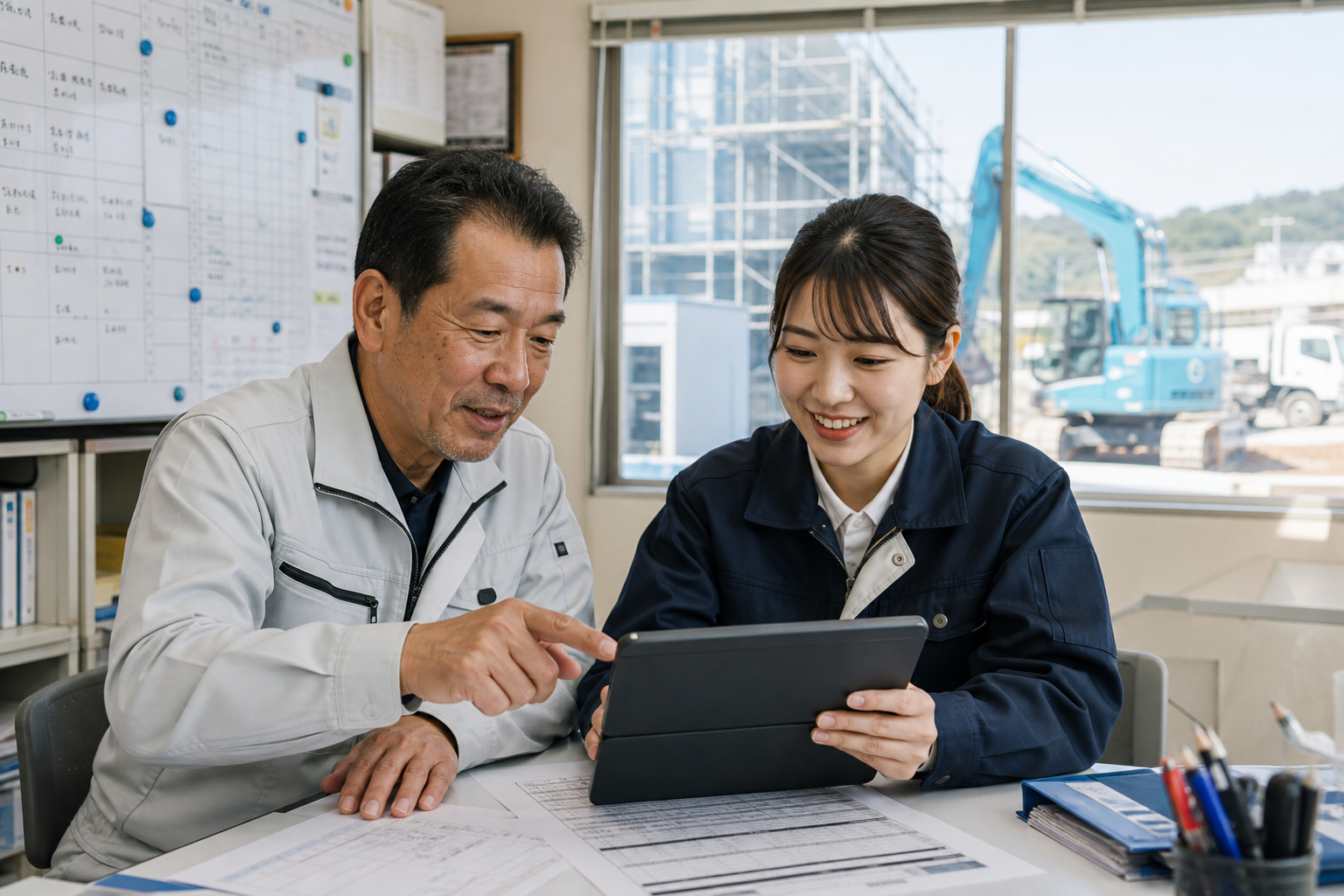 建設会社で現場担当者が案件管理の試作品を試す様子