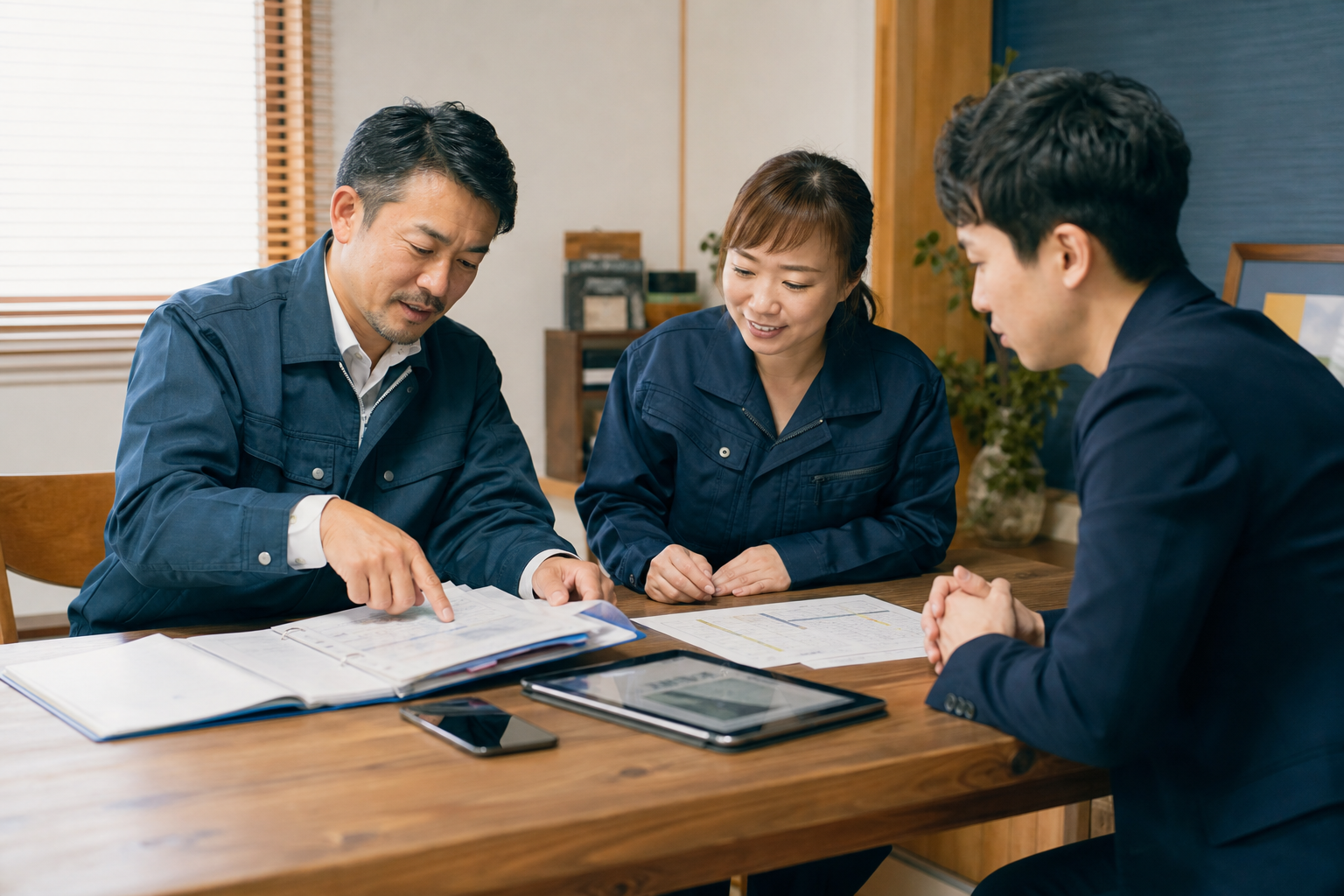 建設会社の資料を見ながら業務改善を相談する打ち合わせ